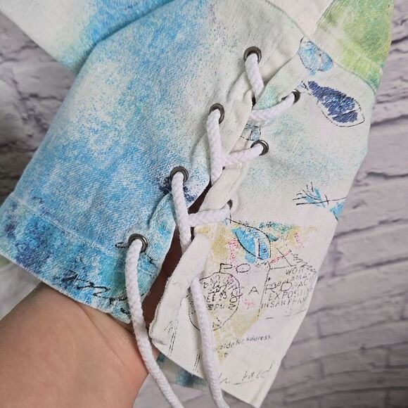 Chico's Linen Blend White Trouser Crop Pant Summer Fish Postcard Lace Up Bottom - Picture 4 of 12